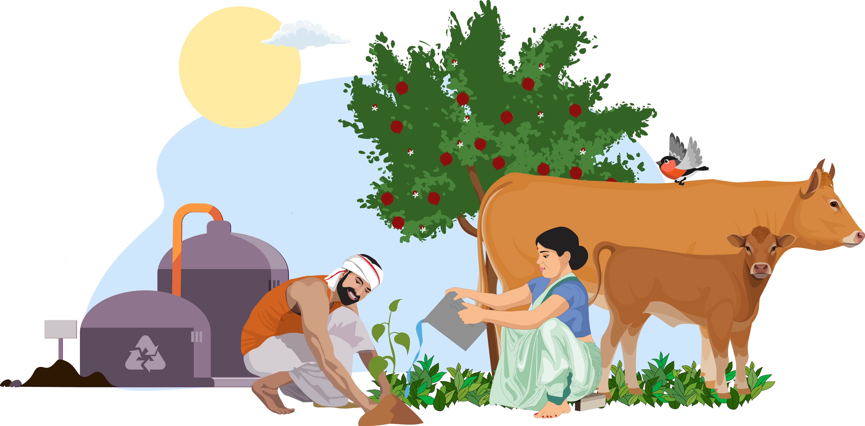 Two people planting a sapling, surrounded by cows, biodigestor and a fruit bearing tree